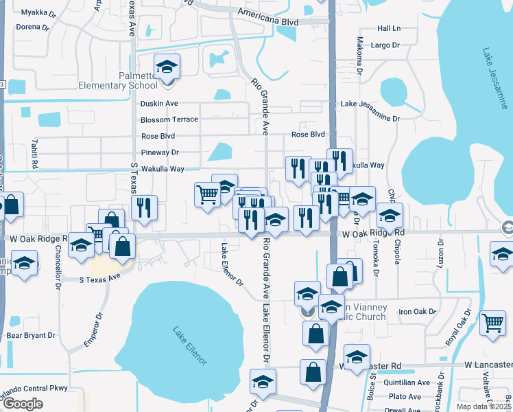 map of restaurants, bars, coffee shops, grocery stores, and more near 1801 West Oak Ridge Road in Orlando