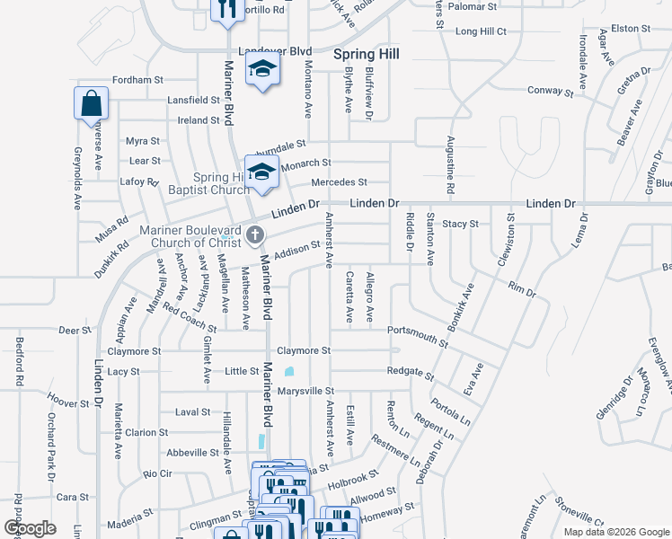 map of restaurants, bars, coffee shops, grocery stores, and more near 2500 Amherst Avenue in Spring Hill