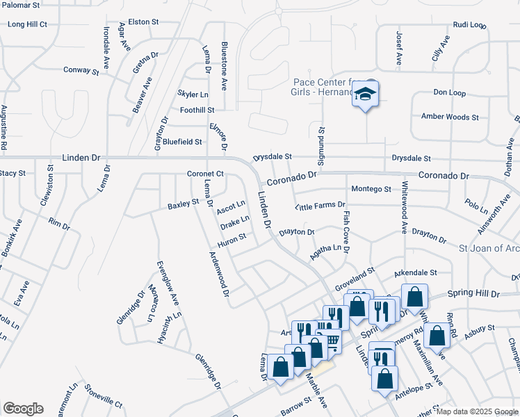 map of restaurants, bars, coffee shops, grocery stores, and more near 13348 Linden Drive in Spring Hill