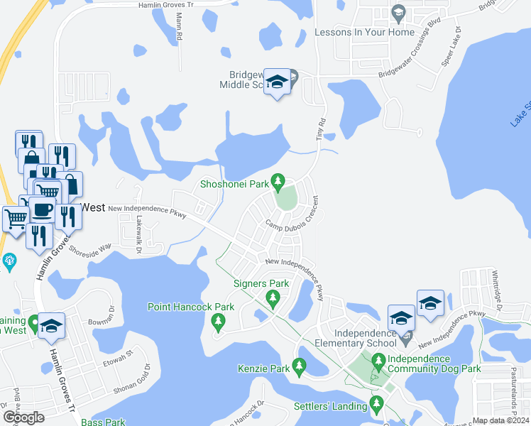 map of restaurants, bars, coffee shops, grocery stores, and more near 15619 Camp Dubois Crescent in Winter Garden