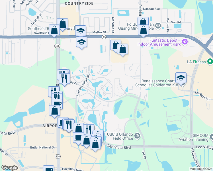 map of restaurants, bars, coffee shops, grocery stores, and more near 5945 Bent Pine Drive in Orlando