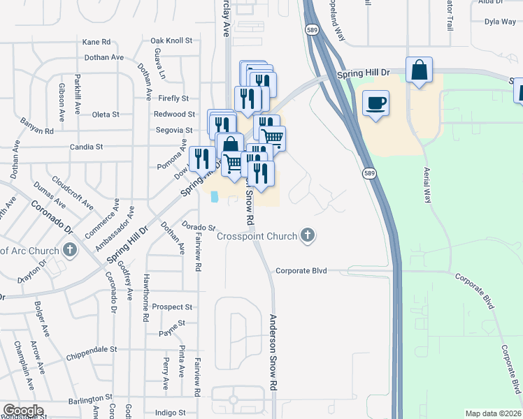 map of restaurants, bars, coffee shops, grocery stores, and more near 3042 Anderson Snow Road in Spring Hill