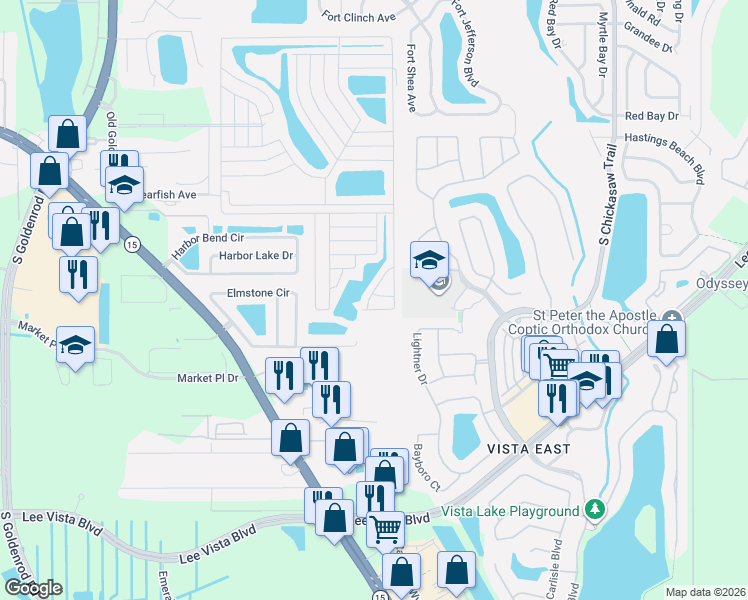 map of restaurants, bars, coffee shops, grocery stores, and more near 6070-6298 Crayfish Drive in Orlando