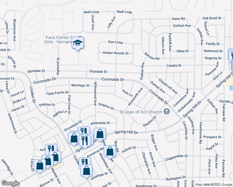 map of restaurants, bars, coffee shops, grocery stores, and more near 13213 Little Farms Drive in Spring Hill