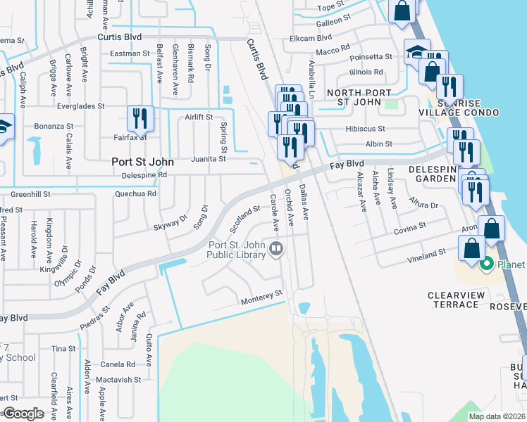 map of restaurants, bars, coffee shops, grocery stores, and more near 3855 Scotland Street in Cocoa