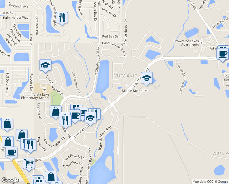map of restaurants, bars, coffee shops, grocery stores, and more near 8909 Lee Vista Boulevard in Orlando