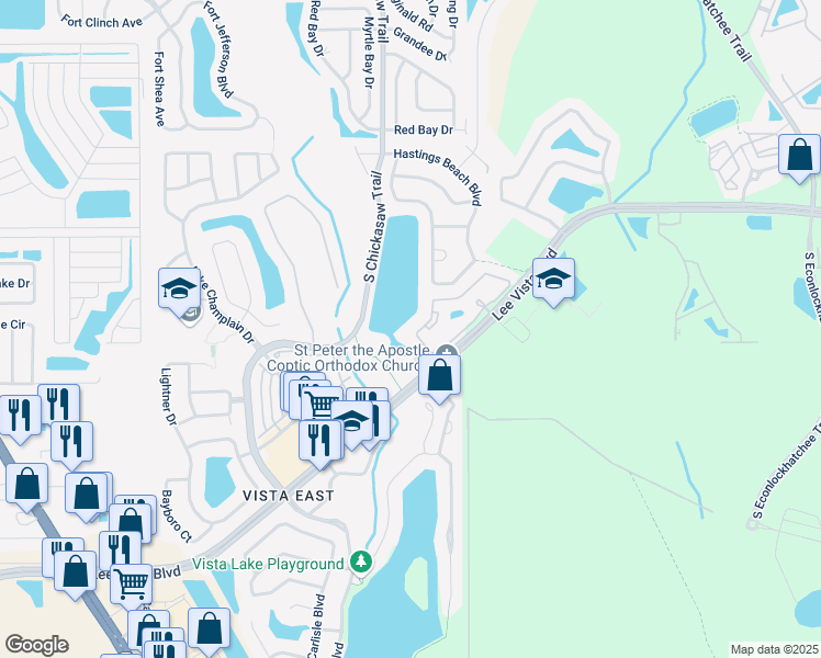 map of restaurants, bars, coffee shops, grocery stores, and more near 9013 Lee Vista Boulevard in Orlando