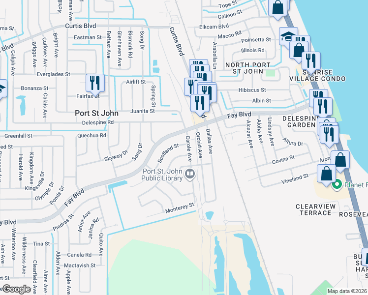 map of restaurants, bars, coffee shops, grocery stores, and more near 3855 Scotland Street in Cocoa