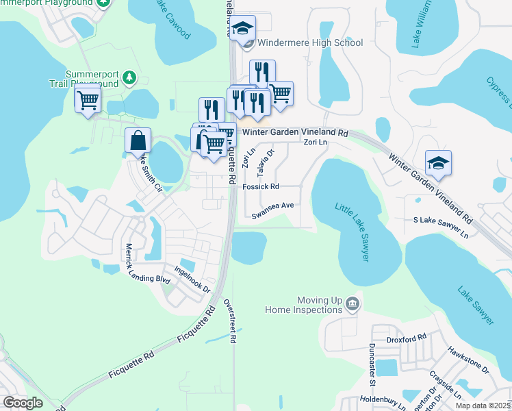 map of restaurants, bars, coffee shops, grocery stores, and more near 6332 Talaria Drive in Windermere