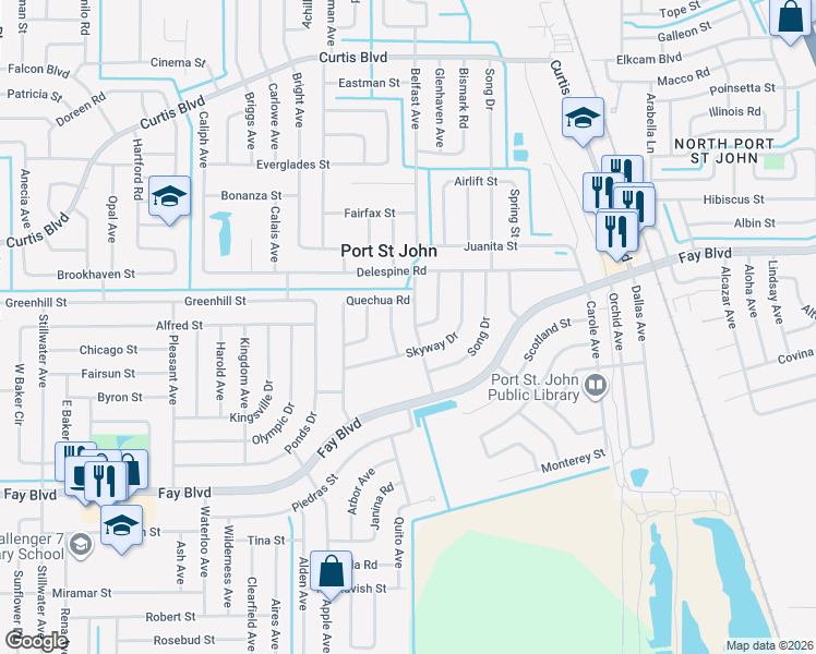 map of restaurants, bars, coffee shops, grocery stores, and more near 6555 Beggs Terrace in Cocoa