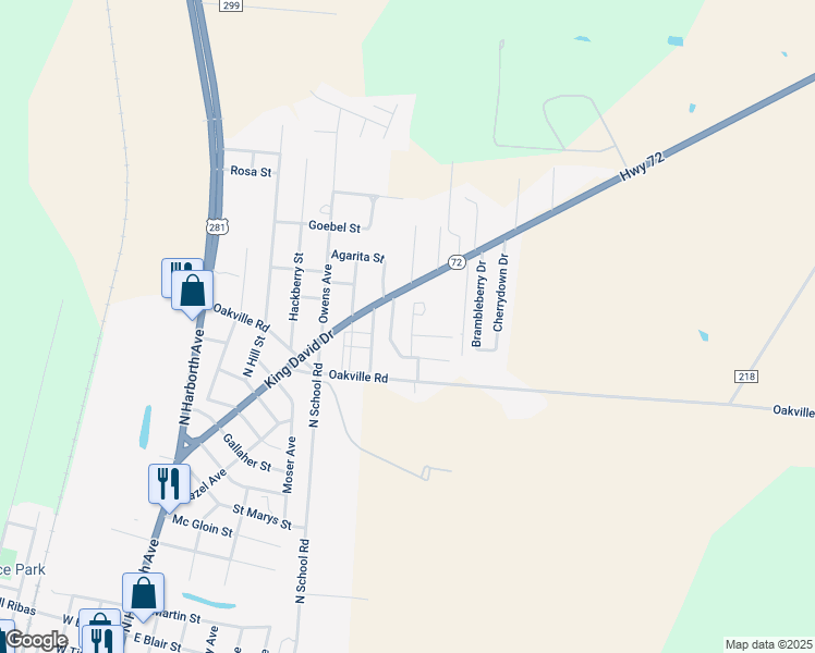 map of restaurants, bars, coffee shops, grocery stores, and more near 1609 Grand Prix Drive in Three Rivers