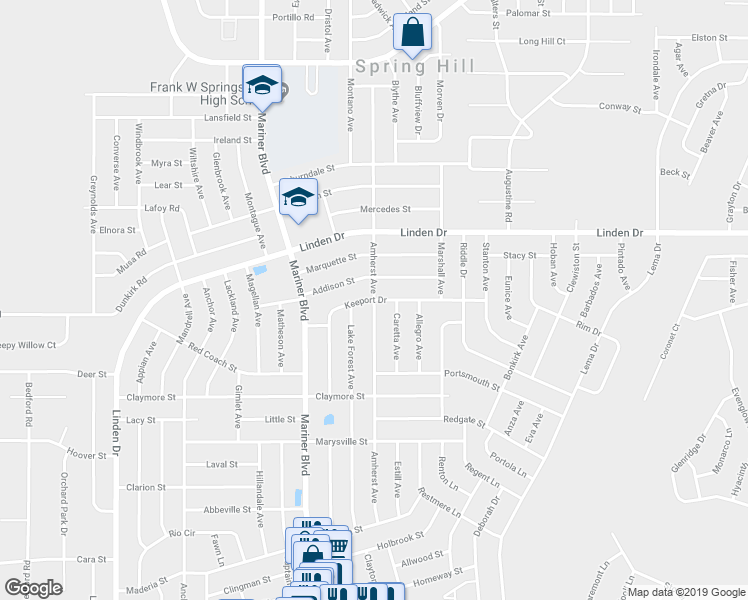 map of restaurants, bars, coffee shops, grocery stores, and more near Amherst Avenue in Spring Hill