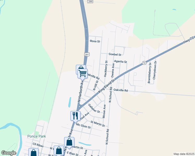 map of restaurants, bars, coffee shops, grocery stores, and more near 1507 North Hill Street in Three Rivers