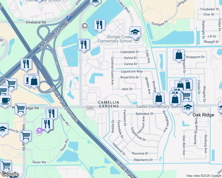 map of restaurants, bars, coffee shops, grocery stores, and more near 5742 Cardinal Guard Avenue in Orlando