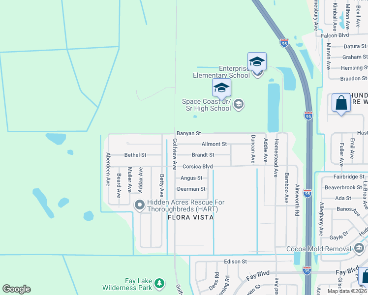 map of restaurants, bars, coffee shops, grocery stores, and more near 6335 Allmont Street in Cocoa