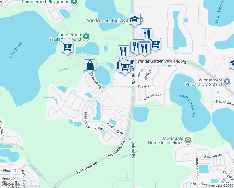 map of restaurants, bars, coffee shops, grocery stores, and more near 13644 Tortona Lane in Windermere