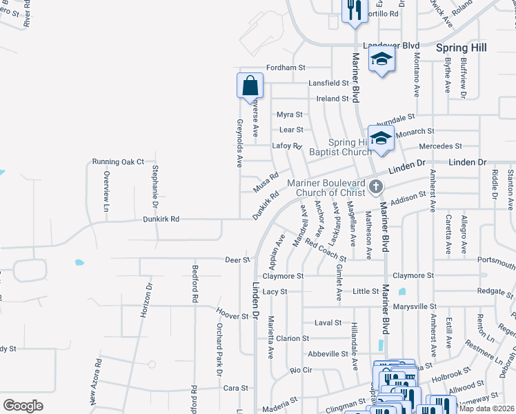 map of restaurants, bars, coffee shops, grocery stores, and more near 10331 Dunkirk Road in Spring Hill