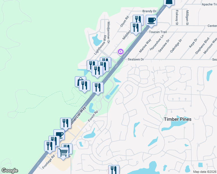 map of restaurants, bars, coffee shops, grocery stores, and more near 2760 Commercial Way in Spring Hill