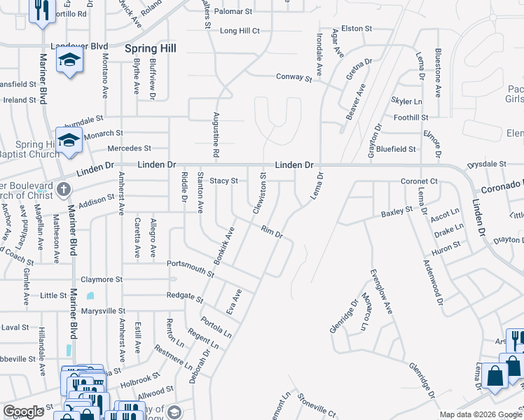 map of restaurants, bars, coffee shops, grocery stores, and more near 3016 Clewiston Street in Spring Hill