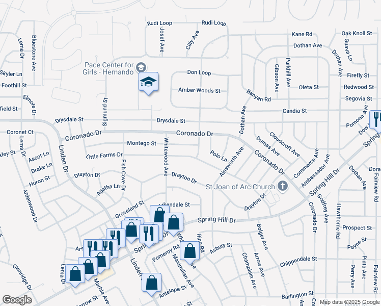 map of restaurants, bars, coffee shops, grocery stores, and more near 13213 Little Farms Drive in Spring Hill