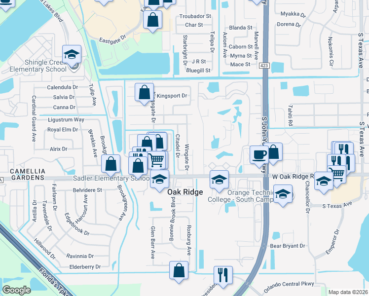 map of restaurants, bars, coffee shops, grocery stores, and more near 5758 Wingate Drive in Orlando