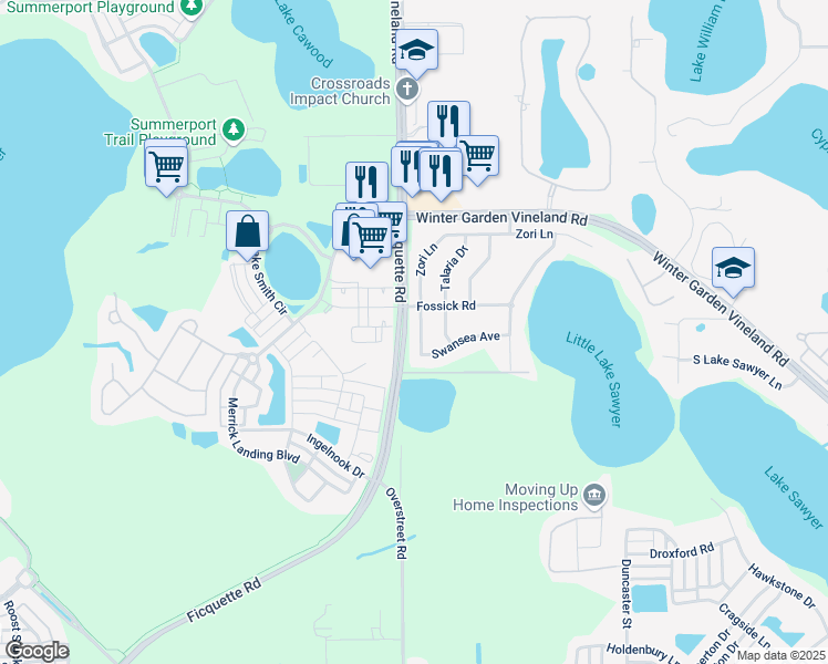map of restaurants, bars, coffee shops, grocery stores, and more near 13631 Zori Lane in Windermere