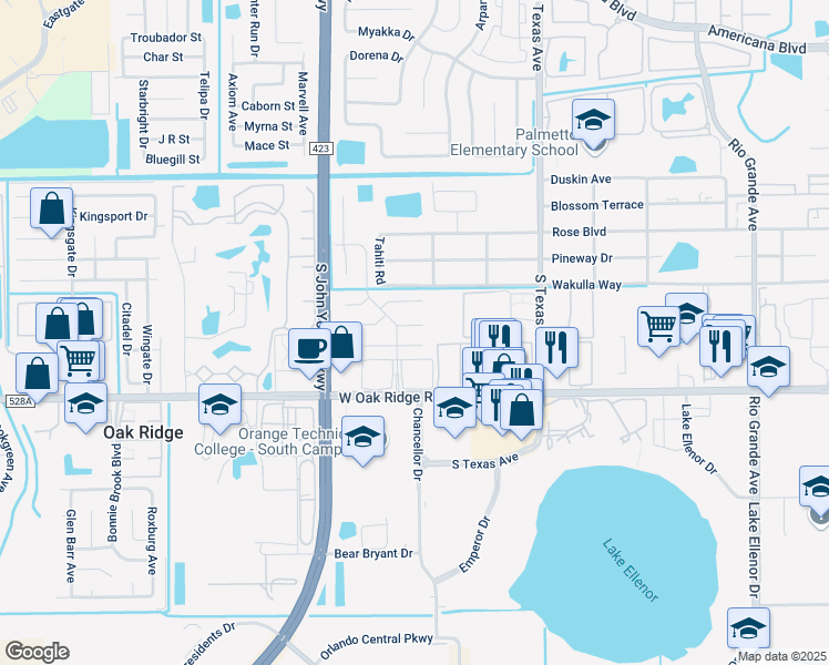 map of restaurants, bars, coffee shops, grocery stores, and more near 2742 Fireside Court in Orlando