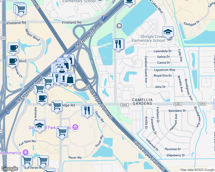 map of restaurants, bars, coffee shops, grocery stores, and more near 5225 Millenia Boulevard in Orlando
