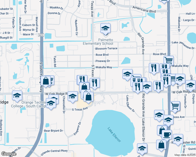 map of restaurants, bars, coffee shops, grocery stores, and more near 5790 Stoneridge Court in Orlando
