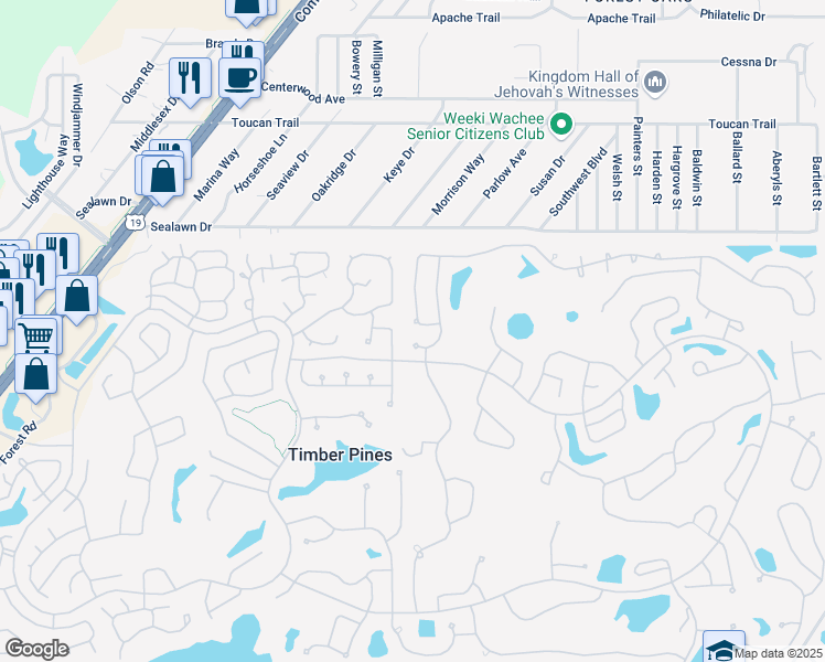 map of restaurants, bars, coffee shops, grocery stores, and more near 7273 Sugarbush Dr in Spring Hill
