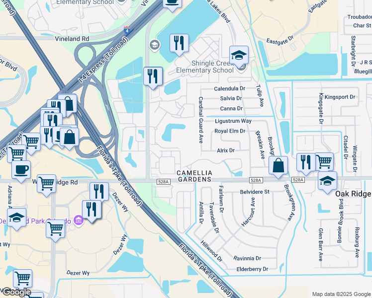 map of restaurants, bars, coffee shops, grocery stores, and more near 5712 Ridge Club Loop in Orlando