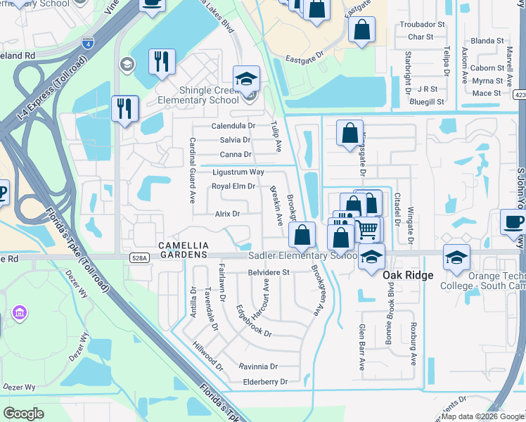 map of restaurants, bars, coffee shops, grocery stores, and more near 5732 Harcourt Avenue in Orlando