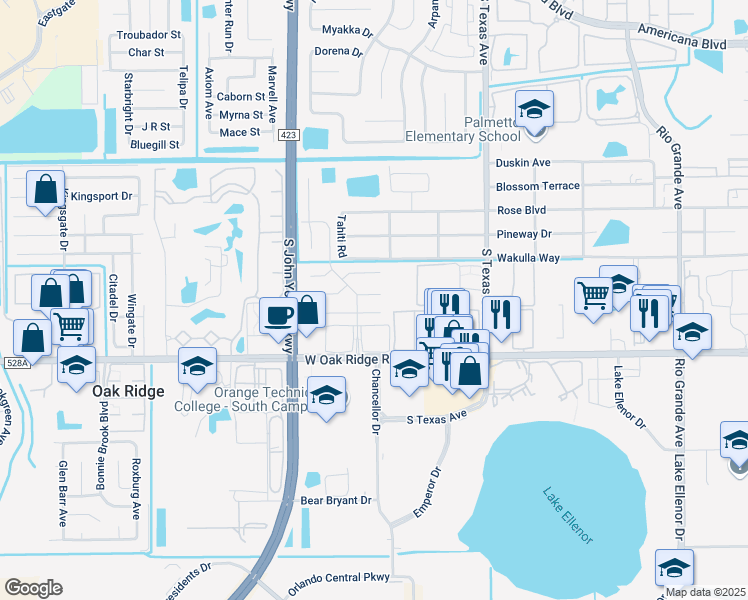 map of restaurants, bars, coffee shops, grocery stores, and more near 2742 Fireside Court in Orlando