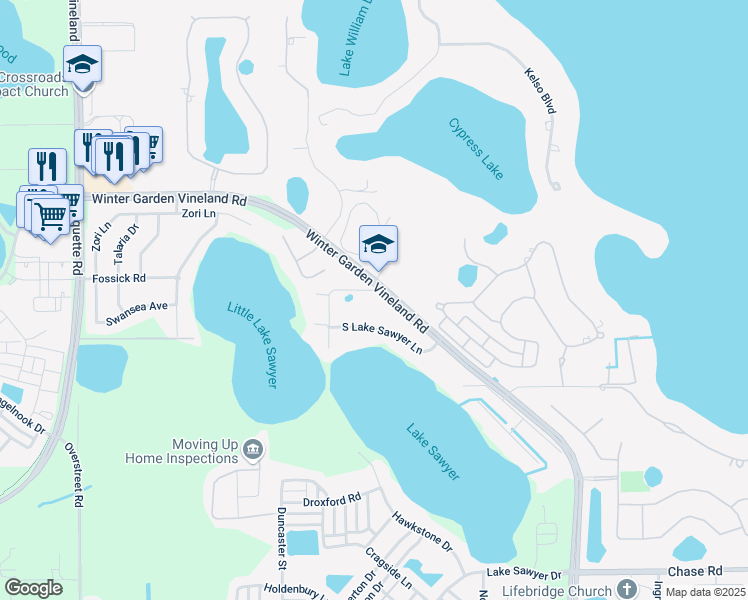 map of restaurants, bars, coffee shops, grocery stores, and more near 6200 County Road 535 in Windermere