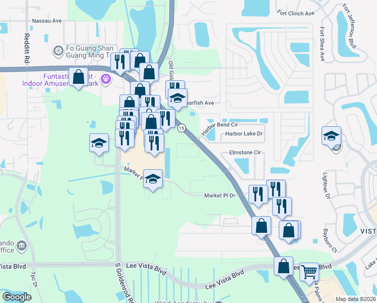 map of restaurants, bars, coffee shops, grocery stores, and more near 6440 Narcoossee Road in Orlando
