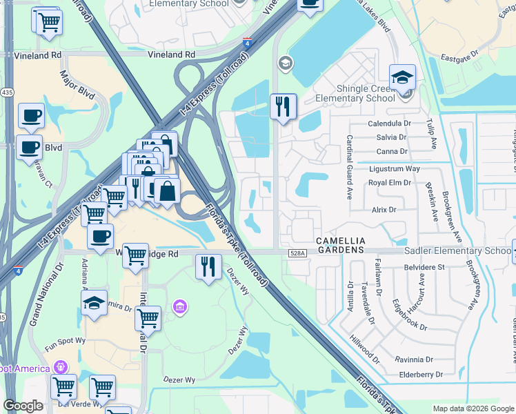 map of restaurants, bars, coffee shops, grocery stores, and more near 5215 Millenia Boulevard in Orlando