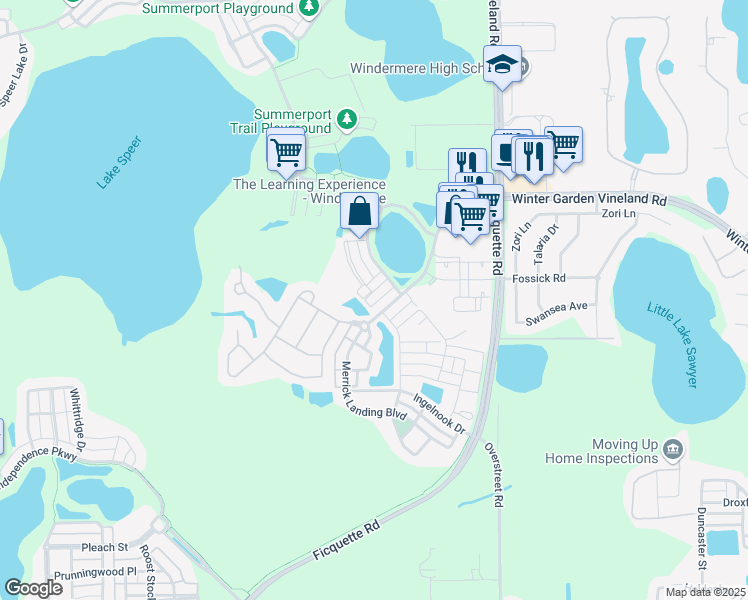 map of restaurants, bars, coffee shops, grocery stores, and more near 13742 Lensdale Lane in Windermere