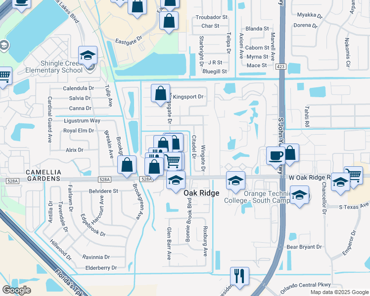 map of restaurants, bars, coffee shops, grocery stores, and more near 5751 Kingsgate Drive in Orlando