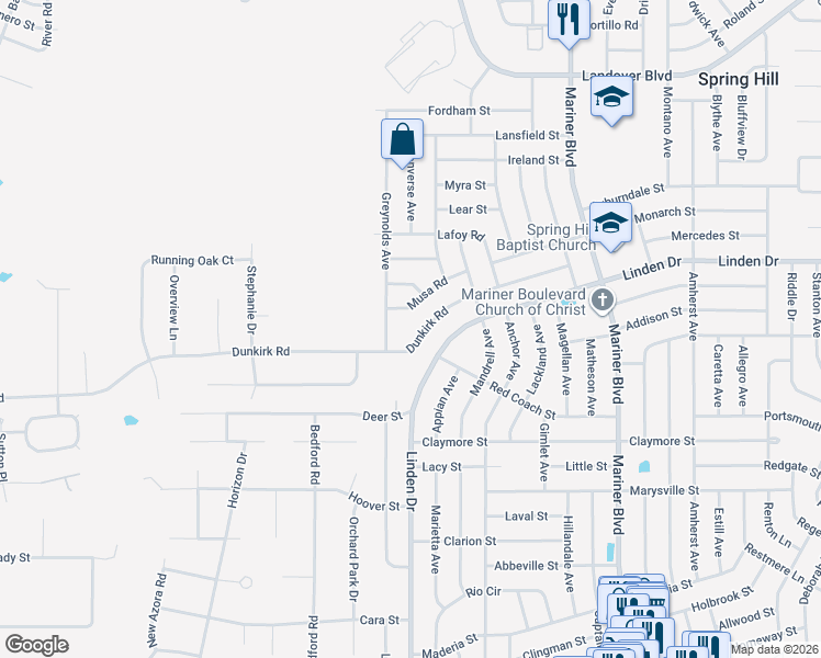 map of restaurants, bars, coffee shops, grocery stores, and more near 10331 Dunkirk Road in Spring Hill