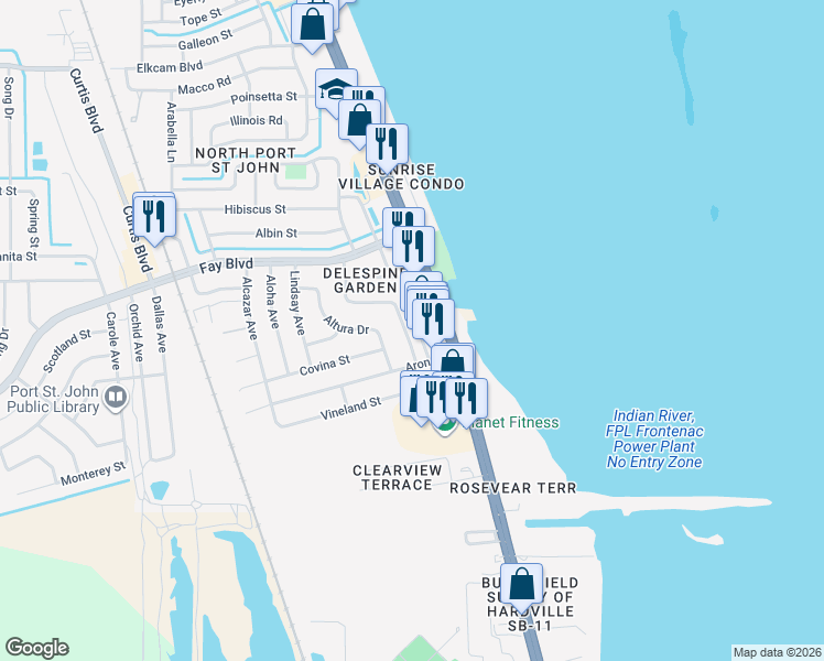 map of restaurants, bars, coffee shops, grocery stores, and more near 701 Amor Drive in Cocoa