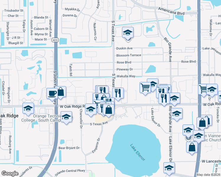 map of restaurants, bars, coffee shops, grocery stores, and more near 5764 South Texas Avenue in Orlando