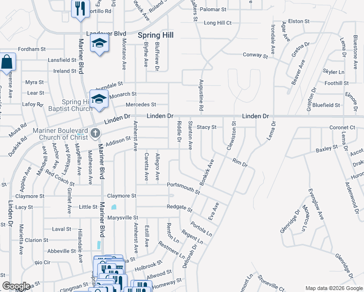 map of restaurants, bars, coffee shops, grocery stores, and more near 11261 Riddle Drive in Spring Hill
