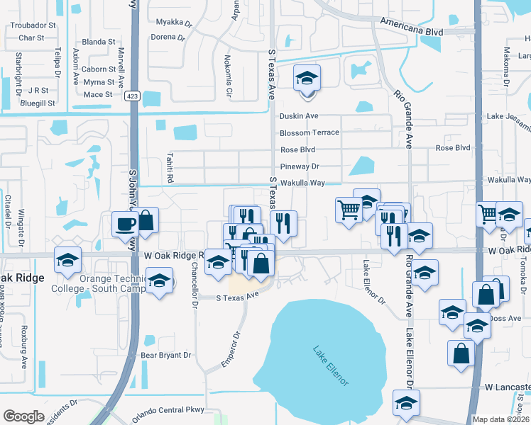 map of restaurants, bars, coffee shops, grocery stores, and more near 5764 South Texas Avenue in Orlando