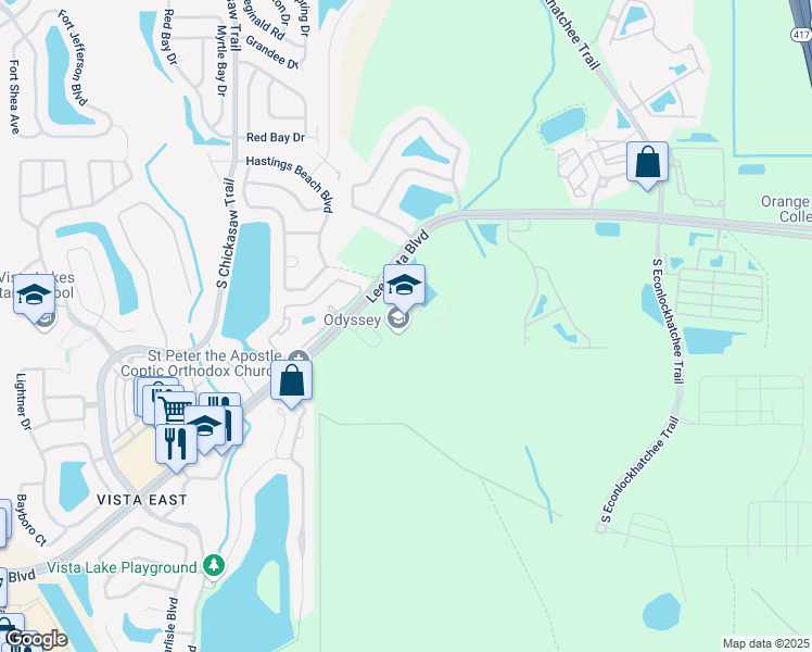 map of restaurants, bars, coffee shops, grocery stores, and more near 9290 Lee Vista Boulevard in Orlando