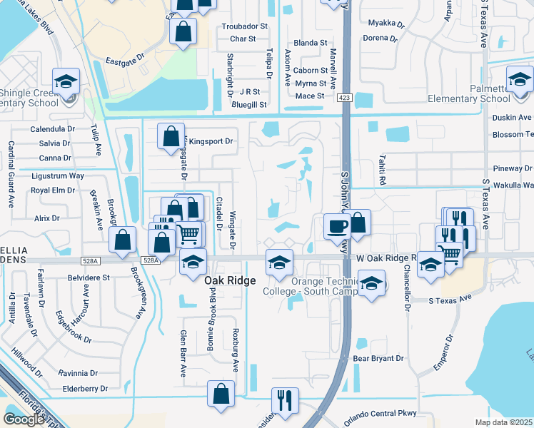 map of restaurants, bars, coffee shops, grocery stores, and more near Abbott Dr in Orlando