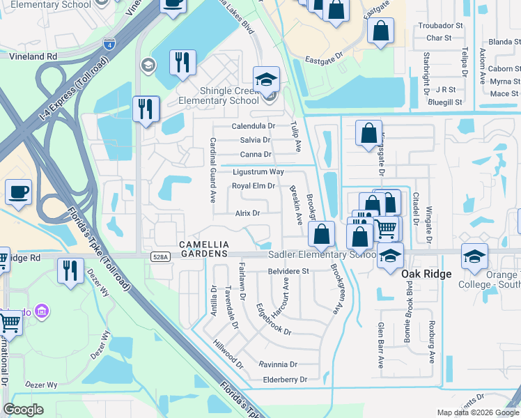 map of restaurants, bars, coffee shops, grocery stores, and more near 4521 Alrix Drive in Orlando
