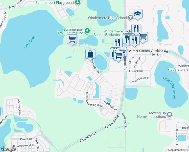 map of restaurants, bars, coffee shops, grocery stores, and more near 13742 Lensdale Lane in Windermere