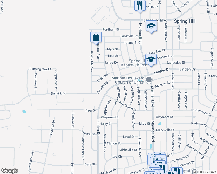 map of restaurants, bars, coffee shops, grocery stores, and more near 12269 Linden Drive in Spring Hill