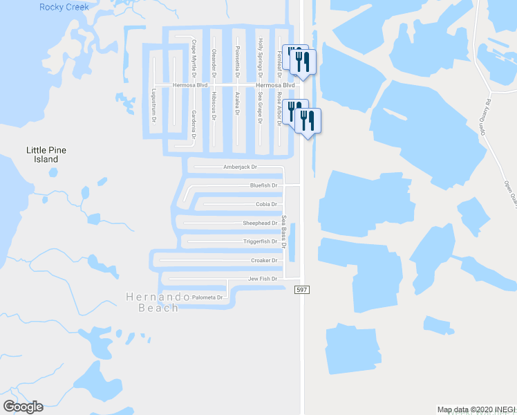 map of restaurants, bars, coffee shops, grocery stores, and more near 4018 Cobia Drive in Hernando Beach