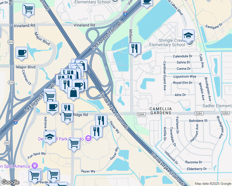 map of restaurants, bars, coffee shops, grocery stores, and more near 5225 Millenia Boulevard in Orlando